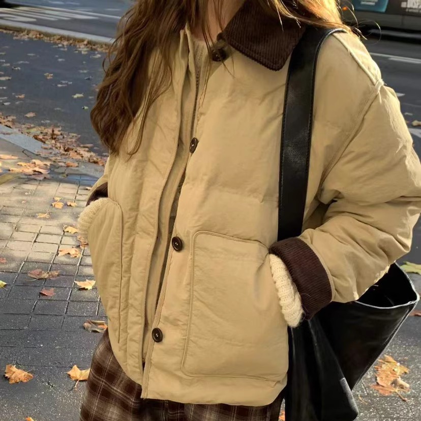 VENIR-a灯芯绒翻领系扣休闲羽绒