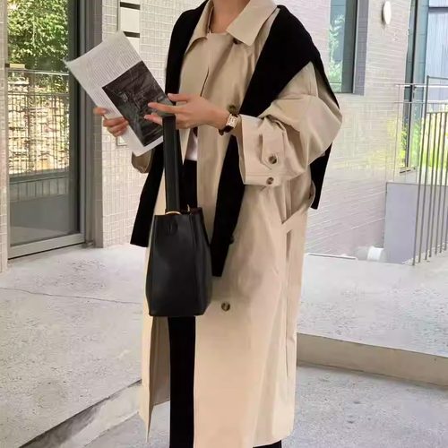 韩国代购系扣束腰休闲风衣外套