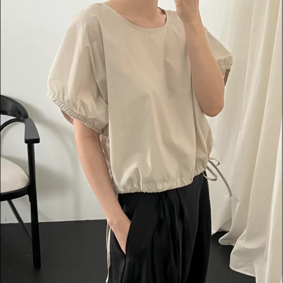 抽绳下摆半袖休闲衬衫女