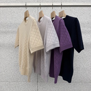 闪闪家 韩国东大门代购AT THE BAGEL羊绒混纺春款菱格纹短袖上衣