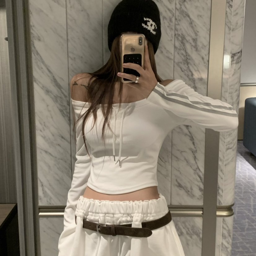 VIRKIN侧面条纹一字领露肩长袖t