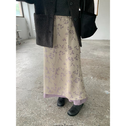 ARR拼色碎花温柔缎面直筒长裙