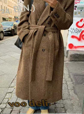 闪闪家 韩国东大门代购TEMPTING高级时髦感羊毛呢风衣大衣