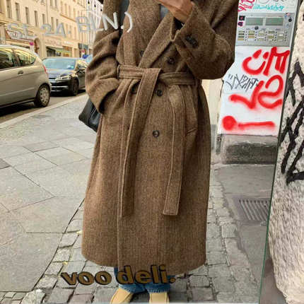 闪闪家 韩国东大门代购TEMPTING高级时髦感羊毛呢风衣大衣