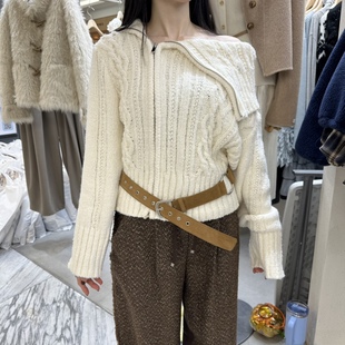 闪闪家 韩国东大门代购FOUNDATION斜露肩大翻领毛衣