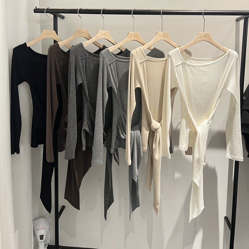 闪闪家 韩国东大门代购BOWIE时髦绑带下摆弹力长袖t