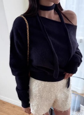 现货 闪闪家 韩国东大门代购LAVIEU浣熊毛露肩脖带休闲显瘦毛衣