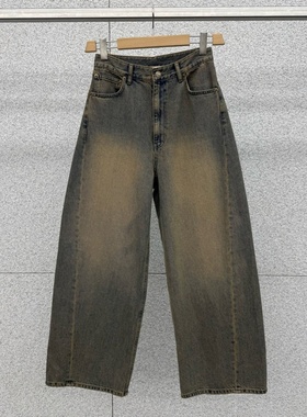 闪闪家 韩国东大门代购AT THE BAGEL泛黄色时髦弯刀牛仔裤