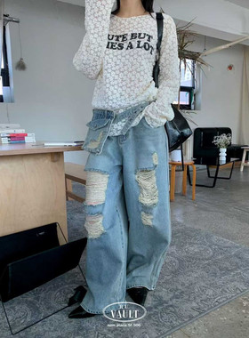 闪闪家 韩国东大门代购VAULT时髦破洞带腰包洋气牛仔裤