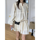 韩国东大门代购 CREME褶皱荷叶边甜美衬衫 闪闪家 半裙套装