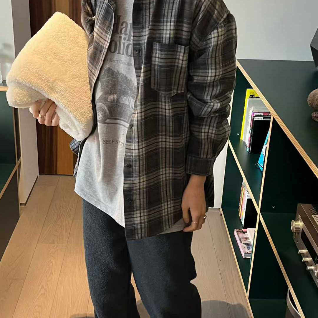 SELFSERVICE磨毛拼色格纹休闲