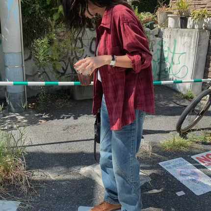 闪闪家 韩国东大门代购TEMPTING舒适柔软格纹系扣衬衫