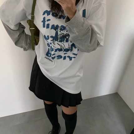 闪闪家 韩国东大门代购TEMPTING假两件字母印花时尚t