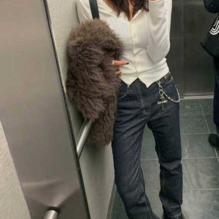 闪闪家 韩国东大门代购TEMPTING原色系深色磨毛小腿牛仔裤