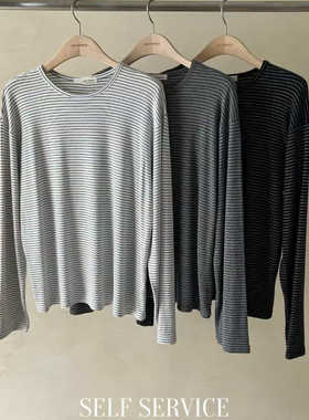 闪闪家 韩国东大门代购SELF SERVICE休闲舒适磨毛条纹t打底
