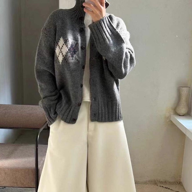 1968羊毛100%菱格纹学院风开衫