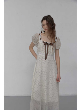 闪闪家 韩国东大门代购FOUNDATION拼色波波点泡泡袖公主连衣裙