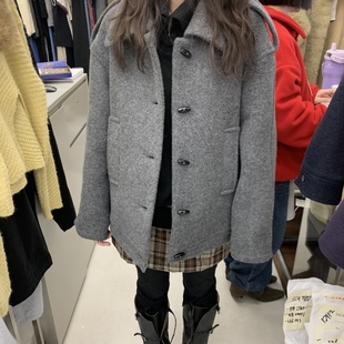 闪闪家 韩国东大门代购BREATHE时髦挂扣翻领毛呢大衣