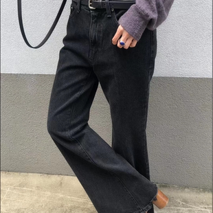 现货 闪闪家 韩国东大门代购REPELLER微喇深色破洞下摆时髦牛仔裤