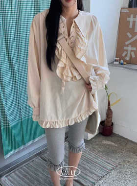 闪闪家 韩国东大门代购VAULT甜美荷叶领交叉绑带复古衬衫