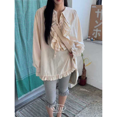 VAULT甜美荷叶领交叉绑带衬衫