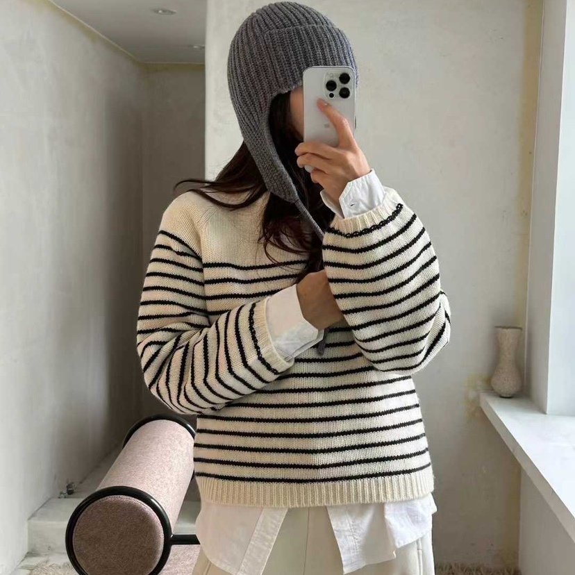 1968棉织条纹时髦复古毛衣