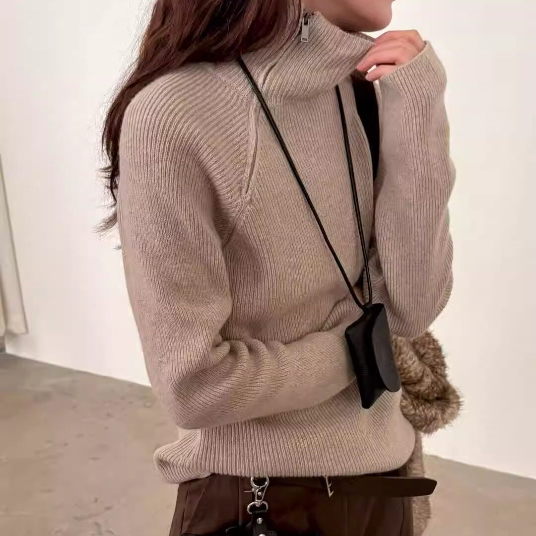 LAKE-A羊毛混纺斜拉链立领针织衫