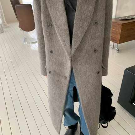 闪闪家 韩国东大门代购TEMPTING羊驼毛双排扣洋气大衣