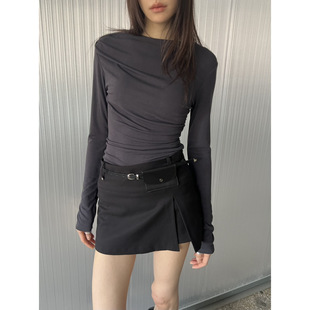 闪闪家 韩国东大门代购NOVUS设计感褶皱一字领长袖t