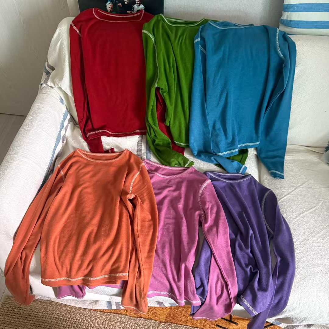 DOHWAJI拼色线头百搭柔软长袖t