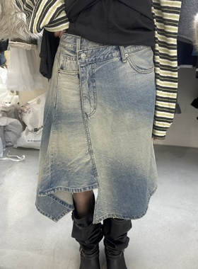 闪闪家 韩国东大门代购FOUNDATION不均匀染色A字型牛仔半裙