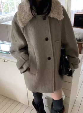 闪闪家 韩国东大门代购TEMPTING卷卷毛翻领休闲毛呢外套