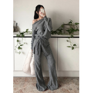 MAY竖纹斜露肩时髦套装 闪闪家 THE UNA 韩国东大门代购