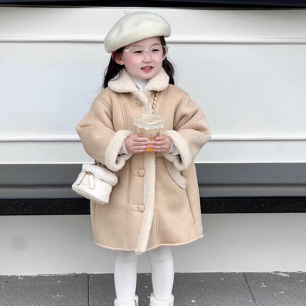 女童羊羔毛皮毛一体外套2025冬季新款韩版女孩加厚加绒中长款大衣