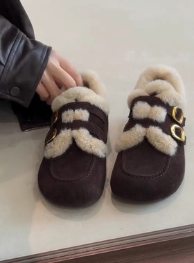 羊皮版~复古美拉德绒面内增高毛毛鞋女圆头双扣带保暖加绒棉鞋子