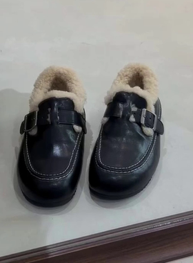 羊皮版~时尚复古懒人百搭舒适女加绒软底皮带扣内增高保暖毛毛鞋