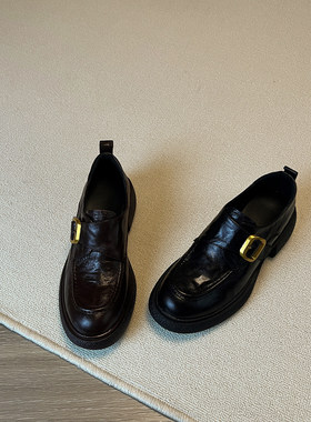 羊皮版~英伦风复古圆头搭扣乐福鞋女粗跟厚底增高黑色小皮鞋单鞋