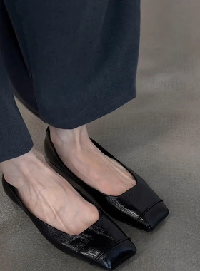 羊皮版~黑色复古显瘦真皮舒适通勤平底鞋女极简方头一脚蹬小单鞋