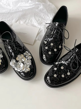 牛皮版~花朵系带圆头小皮鞋英伦风黑色粗跟乐福单鞋百搭德比鞋女