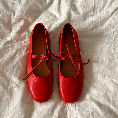 羊皮版~2025新款玛丽珍软底单鞋女浅口红色绑带平底芭蕾舞休闲鞋
