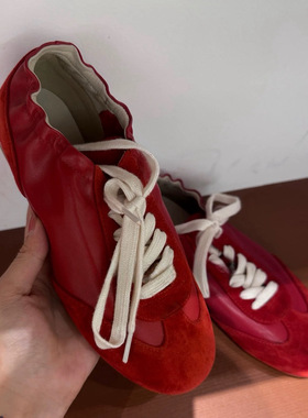 牛皮版~韩版舒适真皮手工平底系带德训鞋百搭弹力带运动休闲鞋女