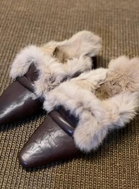 羊皮版~复古气质一脚蹬粗跟毛毛鞋外穿穆勒鞋方头加绒包头半拖鞋