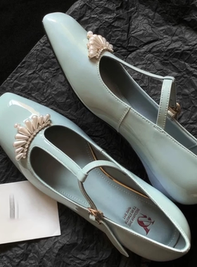 羊皮版~法式复古丁字带珍珠吊饰方头低跟玛丽珍鞋女小众通勤单鞋