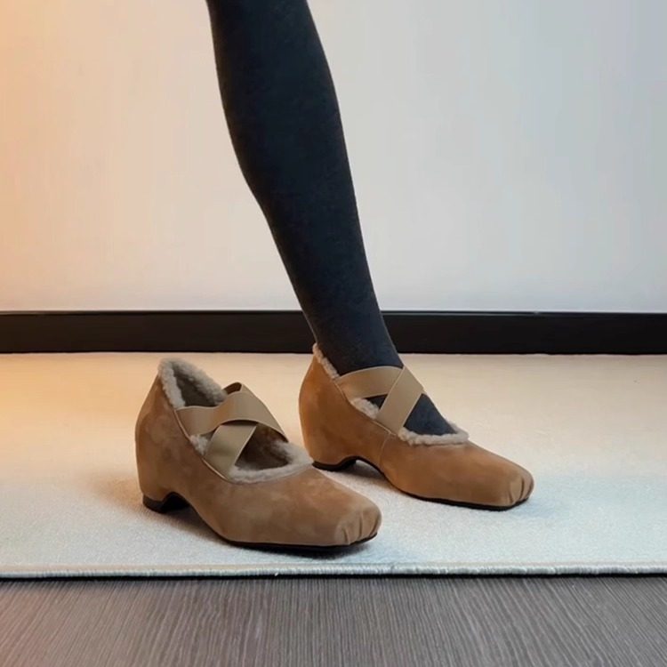 羊皮版~法式方头绒面交叉带加绒单鞋女内增高气质芭蕾风玛丽珍鞋
