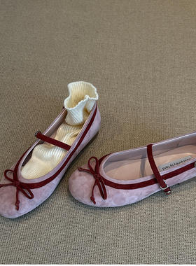 羊皮版~法式极简绒面圆头蝴蝶结玛丽珍鞋女低跟一字扣带拼色单鞋