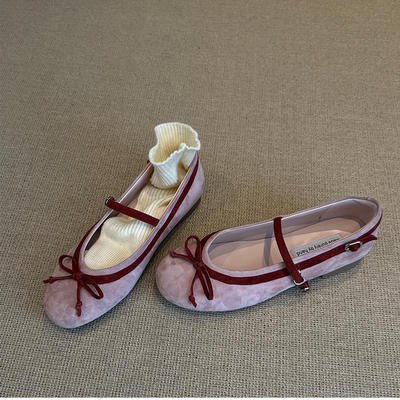 羊皮版~法式极简绒面圆头蝴蝶结玛丽珍鞋女低跟一字扣带拼色单鞋