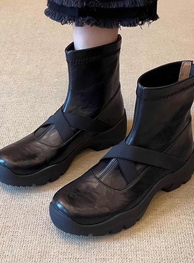 牛皮版~复古英伦厚底马丁靴女2025新款黑色小个子机车短靴瘦瘦靴