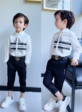 男童装22春秋新款时尚潮字母印花白色衬衣洋气中大童上衣长袖衬衫