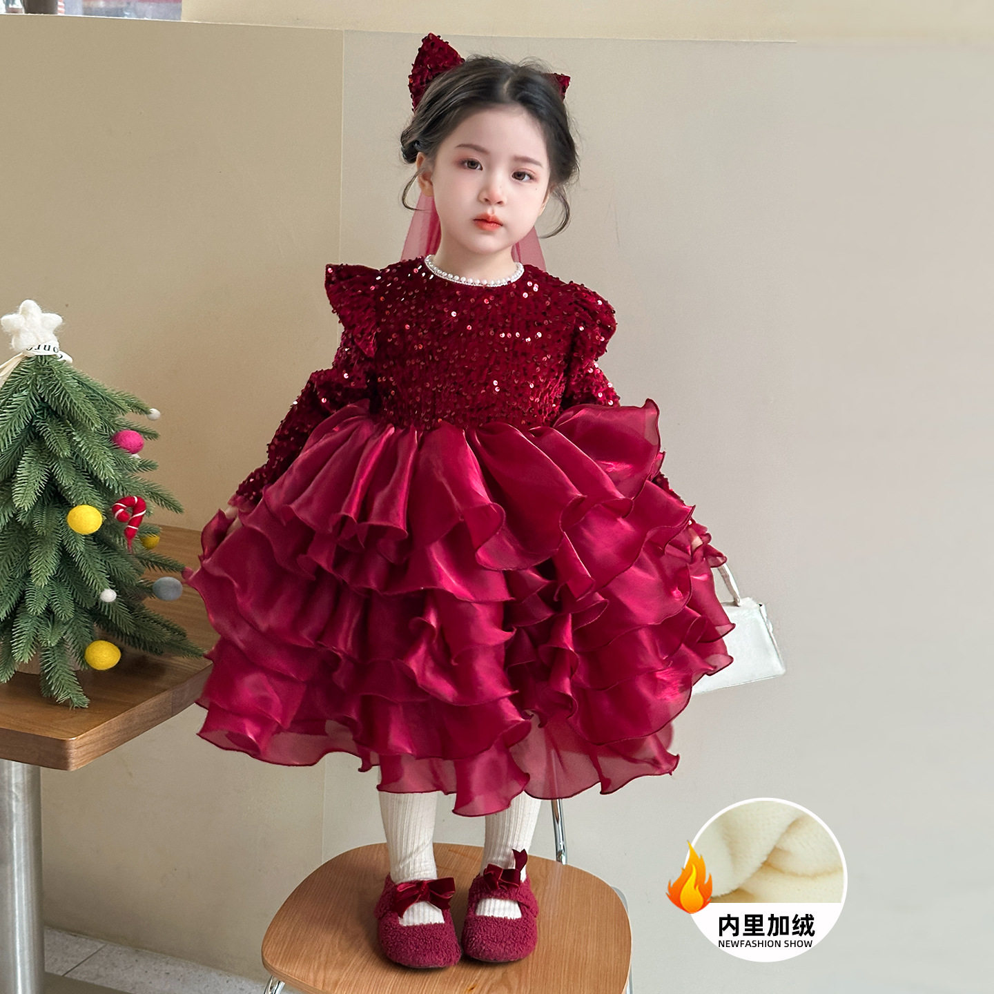 女童加绒连衣裙秋冬2025新款儿童高级感亮片公主裙小女孩生日礼服