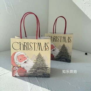 25个圣诞主题手提袋复古圣诞老人印花礼品包装 烘焙店咖啡店打包袋